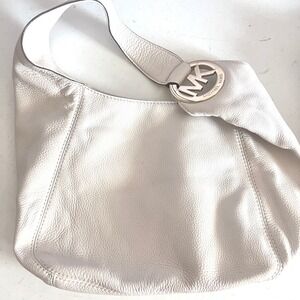 Vtg Michael Kors Hobo Bag Purse Off White Leather Large Gold‎ tone MK Logo READ
